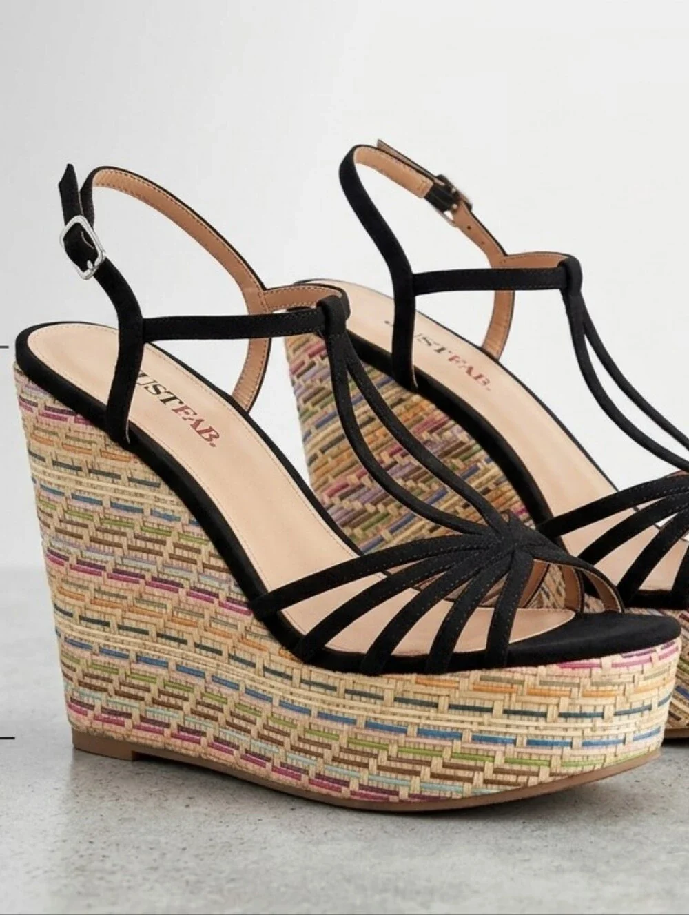 JustFab Black Strappy Espadrille Wedge Sandals